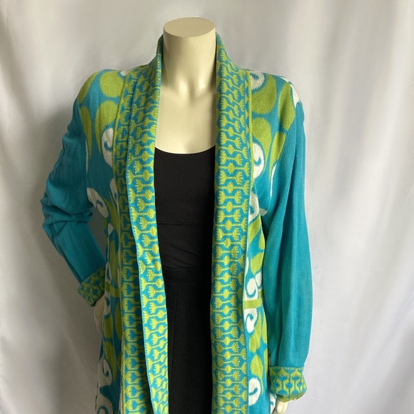 Neve Blue/Green/White Patterned Open Front Cardigan - Picture 1 of 5